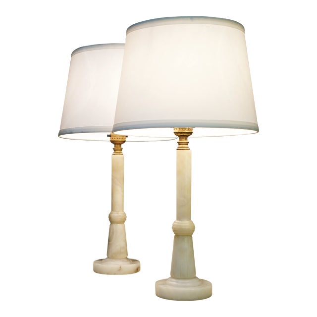 1930s Art Deco Streamline Alabaster Marble Brass Candlestick Table Lamps Italy - a Pair For Sale