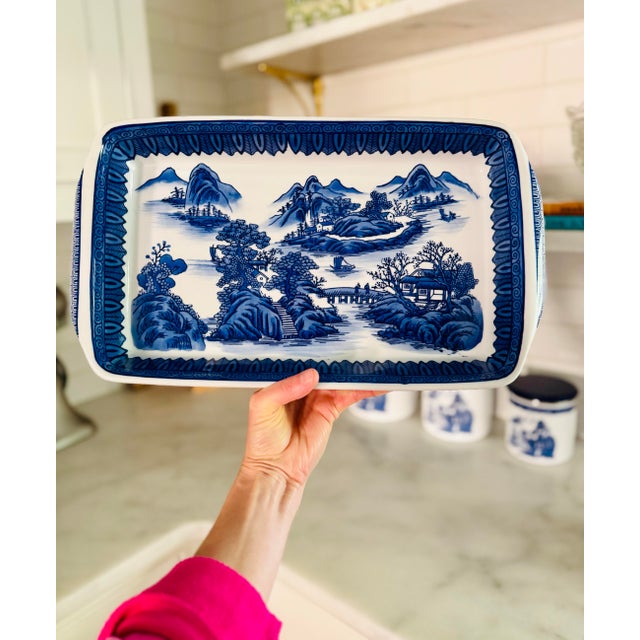 Vintage Blue and White Chinoiserie Rectangular Baking Dish For Sale - Image 4 of 7