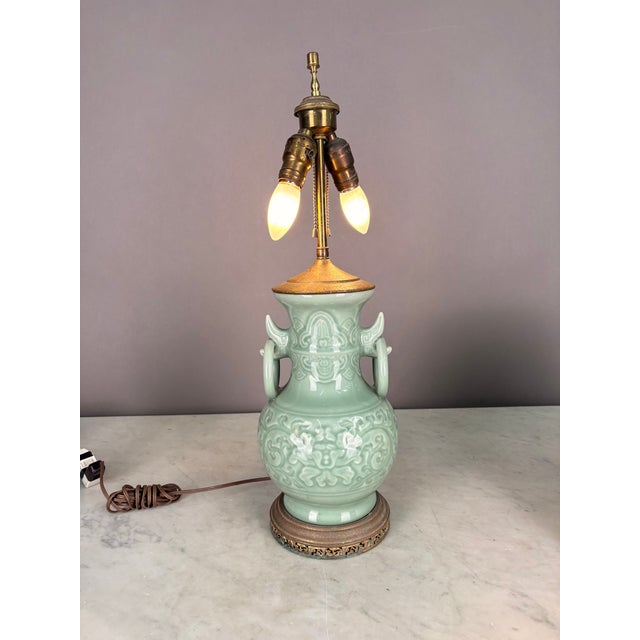 1920s Chinese Celadon Glazed Table Lamp With Raised Floral Design For Sale - Image 4 of 7