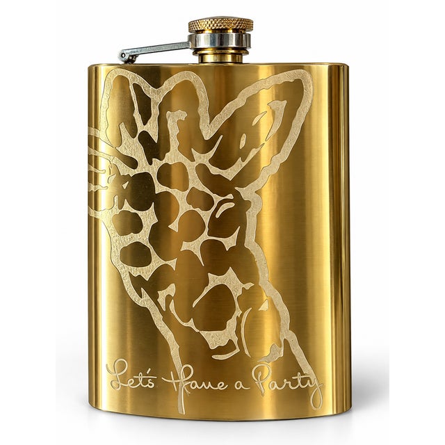 Contemporary Mid 20th Century Lilly Pulitzer for Target Gold Giraffe “Let’s Have a Party” Hip Flask For Sale - Image 3 of 4