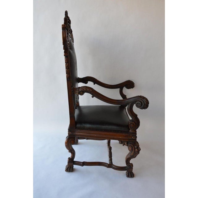 Wood Mid-19th Century Italian Baroque Style Walnut & Leather Throne Chair For Sale - Image 7 of 11