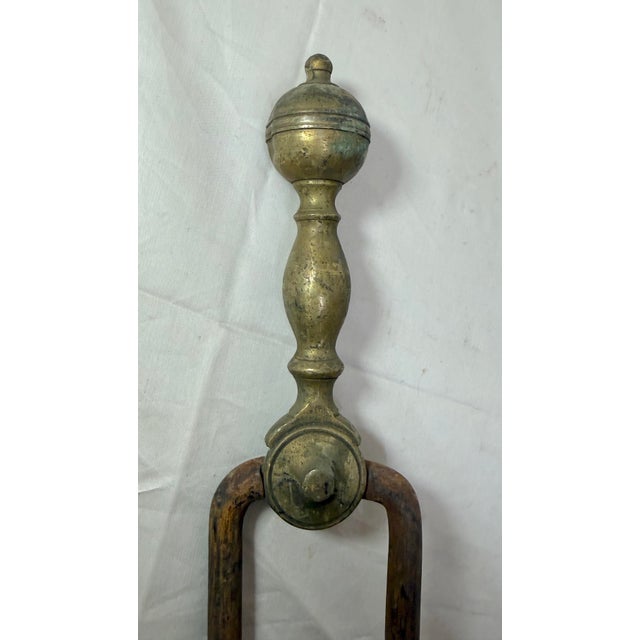 English Antique 18th Century Wrought Iron Turned Brass English Fireplace Tongs Tool 11 For Sale - Image 3 of 10