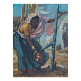African Woman Drawing Water, 1980s, Oil Painting on Canvas For Sale