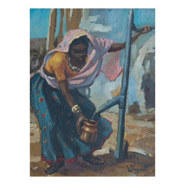 African Woman Drawing Water, 1980s, Oil Painting on Canvas For Sale