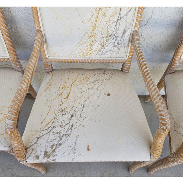 Coastal Carved Faux Rope Solid Wood Dining Chairs Abstract Upholstery Set of 6 For Sale - Image 10 of 18