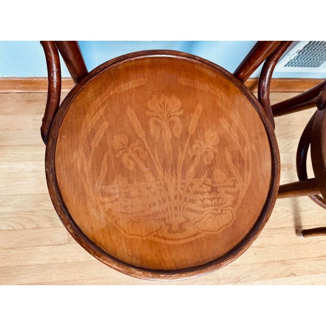 Pair Antique J & J Kohn Mundus Model 337 Bentwood Cafe Chairs Iris Marquetry Seats For Sale - Image 14 of 17