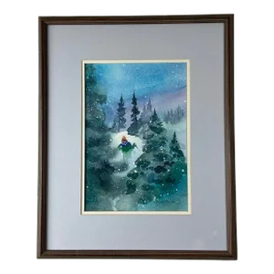 Late 20th Century Watercolor of Skier, Framed