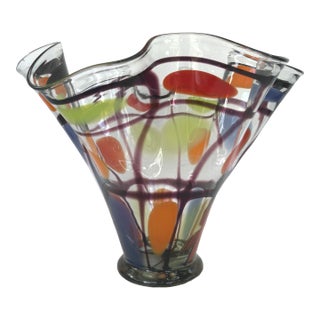 Large Contemporary Hand-Blown Art Glass Vase With Ruffled Rim, Polychrome Inclusions 10.5” For Sale