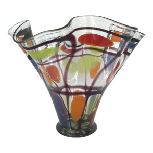 Large Contemporary Hand-Blown Art Glass Vase With Ruffled Rim, Polychrome Inclusions 10.5”