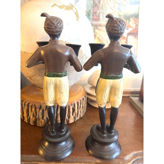 Hollywood Regency Vintage Moorish Figural Double Candleholders, Pair – Hand Painted Cast Metal Candlesticks, Hollywood Regency Style For Sale - Image 3 of 10