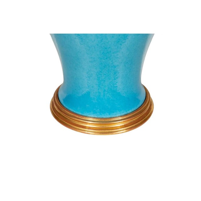 Pair Of Deep Turquoise Pottery Table Lamps By Daniel Barney with quality shades. Water gilded cap and base. Each with two...