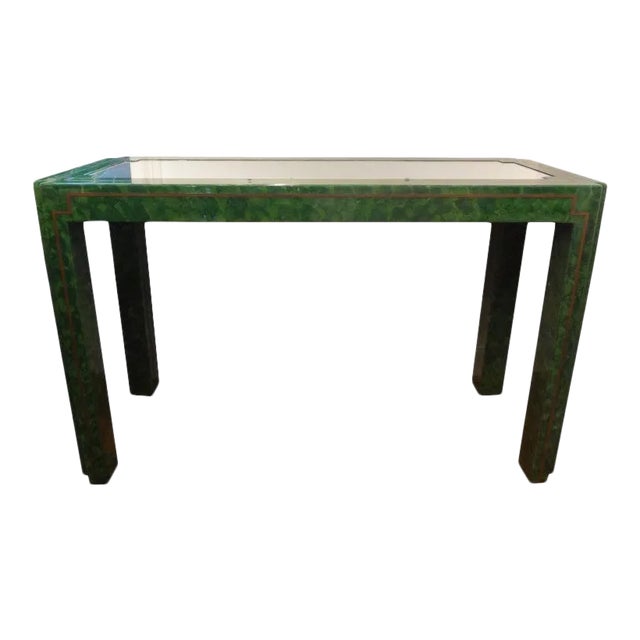 Mid-Century Karl Springer Inspired Green Lacquer and Brass Console Table For Sale