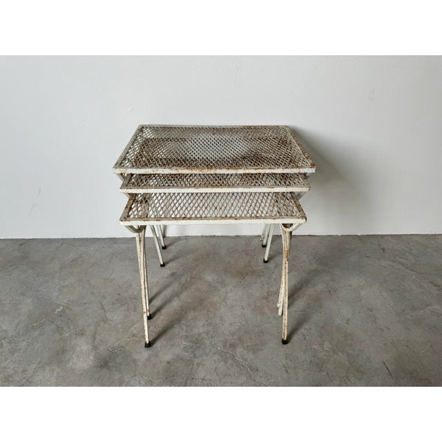 White 70's Mid-Century Salterini Style Wrought Iron Nesting Patio Side Tables - Set of 3/ Sold For Sale - Image 8 of 12
