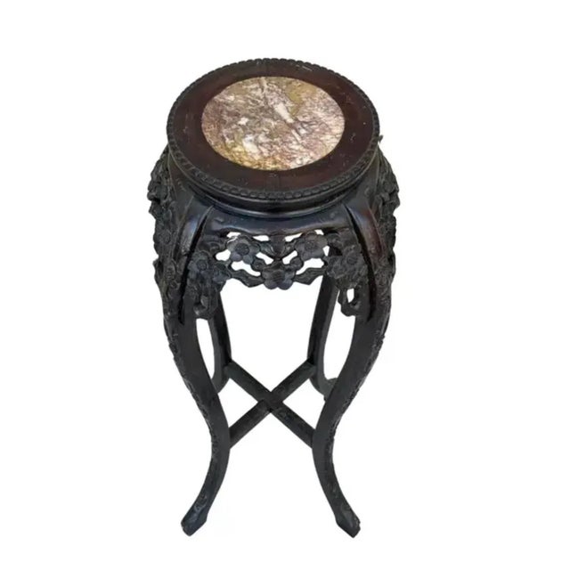 Chinese Carved Wood Pedestal Table With Marble Inset Top For Sale - Image 9 of 10