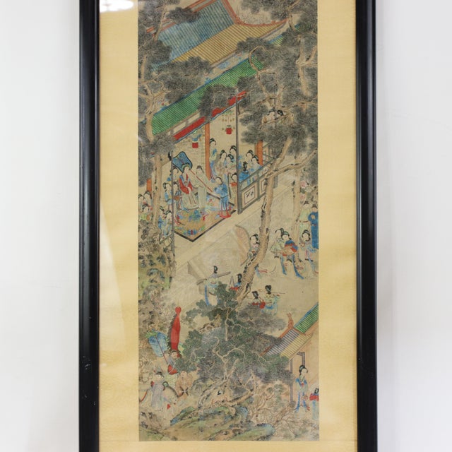 Vintage Chinese Framed Painting of Pavilion Garden Scene With Figures and Mountain Landscape For Sale - Image 4 of 10