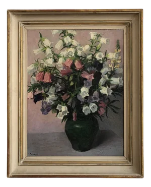 Pierre Jaques, Bouquet de fleurs dans un joli vase vert, Oil on Canvas, Framed
