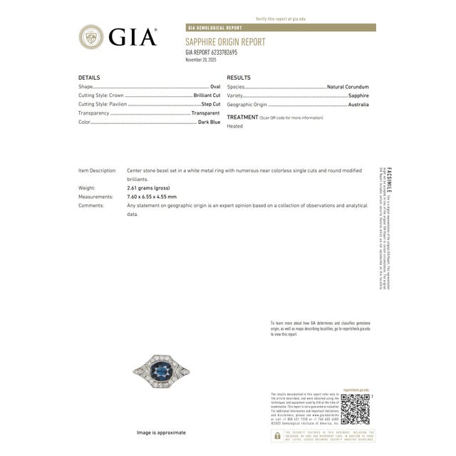 1930s Art Deco Gia 2.00 Carat Sapphire Diamond Platinum Ring, Size 6.25 For Sale - Image 9 of 9