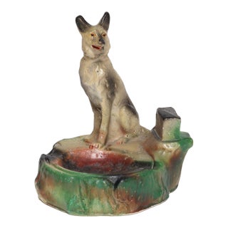 Mid 20th Century Carved and Painted Chalkware German Shepherd Ashtray For Sale