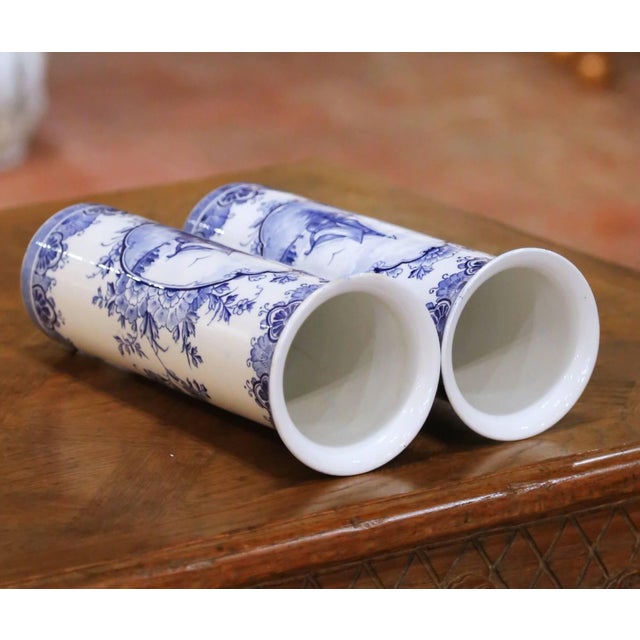 Ceramic Pair of Early 20th Century Dutch Delft Faience Vases With Sailboat Scenes For Sale - Image 7 of 9