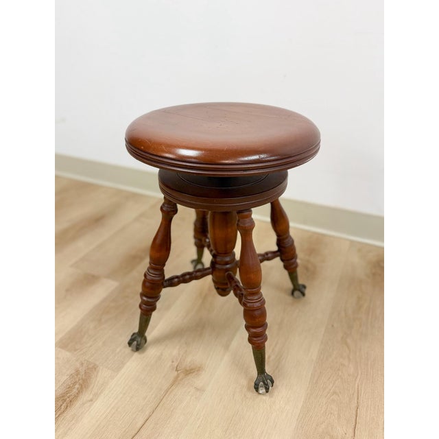 Mid 20th Century Vintage Victorian Adjustable Piano Stool Brass Claw Ball Feet Turned Wood For Sale - Image 5 of 10