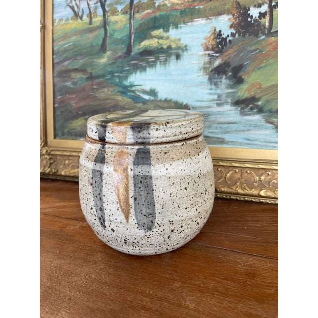 Mid-Century Modern Signed 1978 Studio Pottery Jar by Alice - Hand-Thrown Speckled Stoneware With Painted Lid and Cobalt Glazed Interior. For Sale - Image 3 of 10
