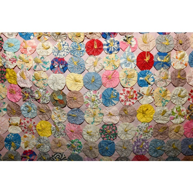 Antique 1930s Yo Yo Quilt Coverlet | Depression Era Feed Sack Fabrics | 49x72 | Cottagecore Folk Art Textile For Sale - Image 13 of 13