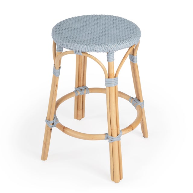 Baby Blue Tobias 24 in. Seat Height Round Rattan Backless Counter Stool, Baby Blue/ Natural Rattan Frame For Sale - Image 8 of 8