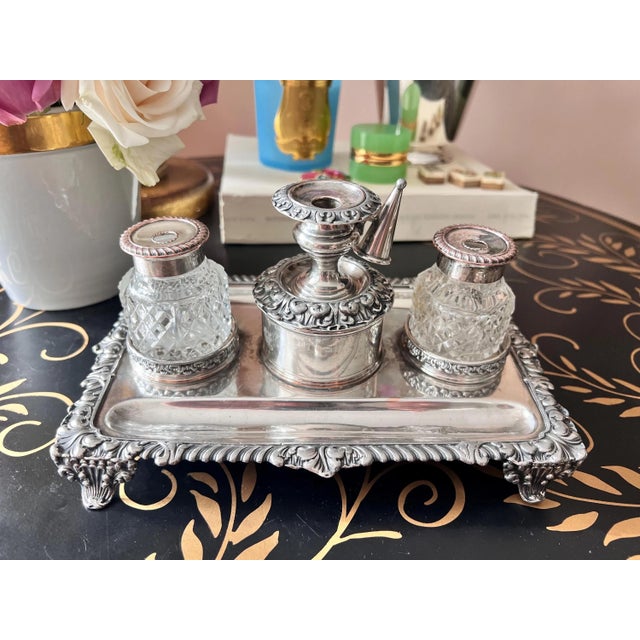 This is a beautiful antique silverplate and crystal inkwell stand that makes SUCH a beautiful statement in an office or on...