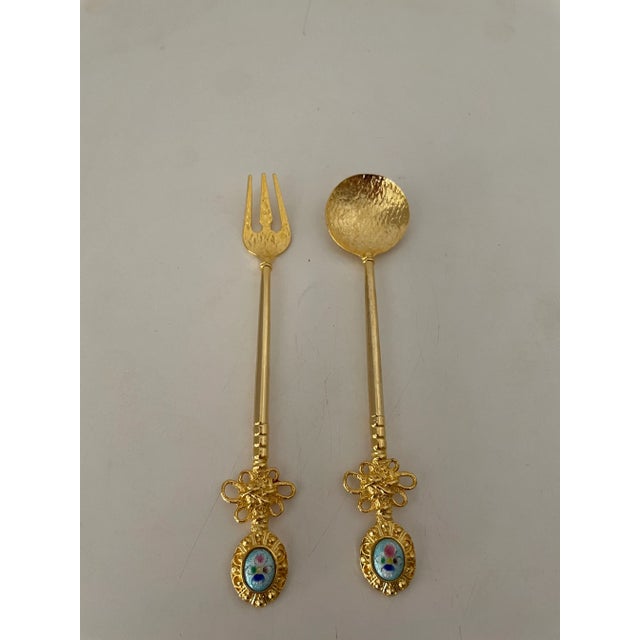 Vintage "Golden Bell Art Works" Gold Plated Hors D" Oeuvre Forks & Spoons with Case- 13 Pieces For Sale - Image 4 of 7