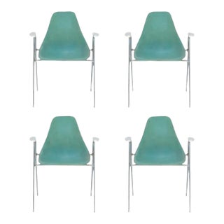 1970s Set of Four Turquoise Fiberglass Armchairs on Chrome Bases For Sale