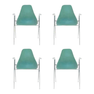 1970s Set of Four Turquoise Fiberglass Armchairs on Chrome Bases