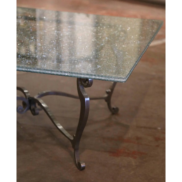 Mid-Century French Iron Coffee Table With Crackle Glass Top For Sale - Image 4 of 11