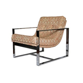 Milo Baughman Style Chrome Flat Bar Lounge Arm Chair For Sale