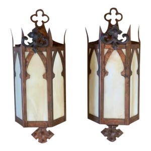1910 Gothic Iron and Original Slag Glass Copper Flashed Wall Sconces - a Pair