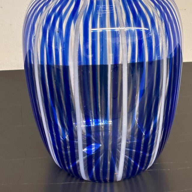 White Mid-Century Blue and Milk Murano Glass Vase with Canes or Filigree from Venini, 1950s For Sale - Image 8 of 11