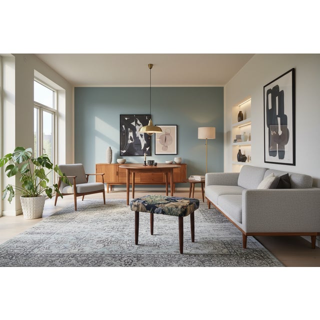 Danish Stool in Teak with the Linen Fabric Forest from Morris & Co, 1960s For Sale - Image 9 of 12