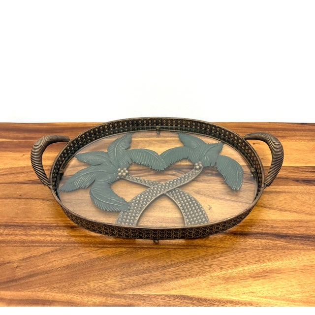 Hollywood Regency Vintage Coastal Palm Tree Glass Serving Tray With Metal Frame For Sale - Image 3 of 8