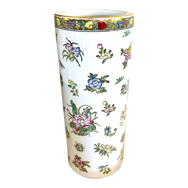 Vintage Chinese Porcelain Cylinder Vase / Umbrella Holder - 12" For Sale