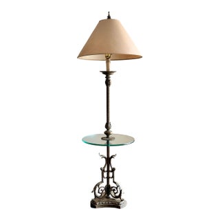 Vintage 1960s–70s Hollywood Regency Cast Metal & Glass Tray Table Floor Lamp — Neoclassical Rococo Side Table Lamp For Sale