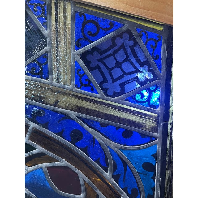 Violet Antique Gothic Revival "Cross and Crown" Stained Glass Liturgical Panel For Sale - Image 8 of 12