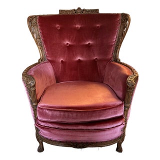 Antique Victorian Dark Pink Velvet Wingback Chair For Sale