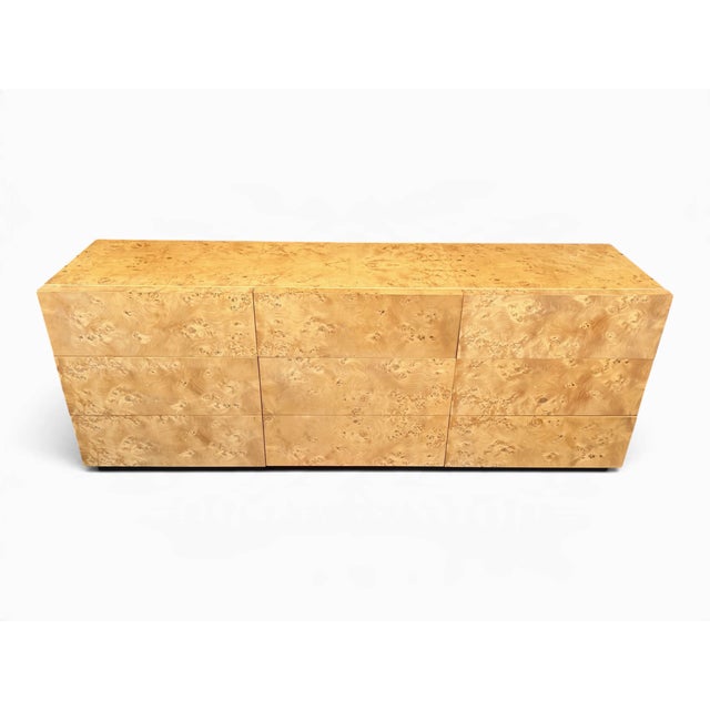 Contemporary Vintage 1970s Hollywood Regency Burl Wood Eight-Drawer Dresser With Black Base For Sale - Image 3 of 13