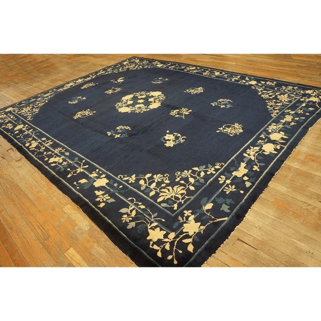 Antique Chinese Peking Rug Hand Knotted Wool Oriental Blue Floral Deco 1920s For Sale - Image 4 of 10