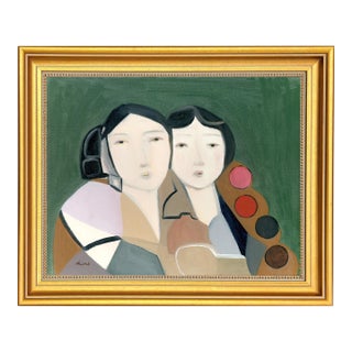 Inuit Girls, Modern Cubist Oil Portrait Painting, Signed and Framed For Sale