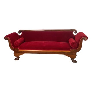 Antique American Empire Revival Mahogany Settee — Scroll Arms, Carved Paw Feet, Crimson Velvet For Sale