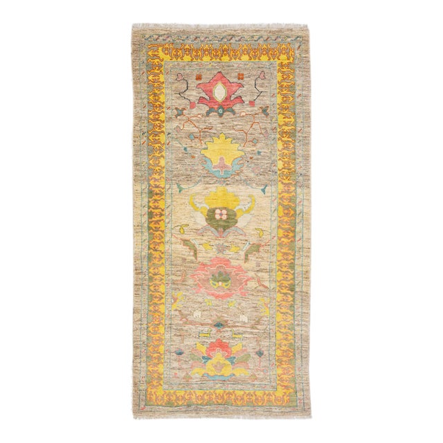 Brown Modern Oushak Floral Handmade Wool Runner For Sale