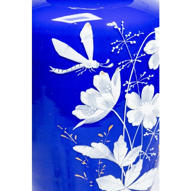 19th Century Striking Cobalt Blue and Hand Painted White Dragon Fly Flower Design Antique Victorian Decorative Vase For Sale - Image 5 of 17