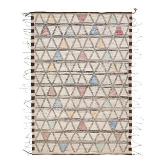 Beige Modern Moroccan Style Handmade Geometric Motif Wool Rug For Sale