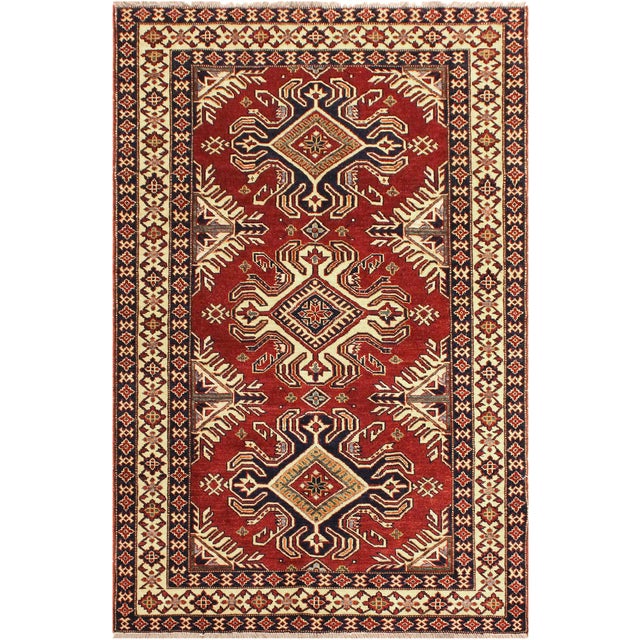 Bohemian Super Kazak Red/Beige Wool Rug - 4'1'' X 6'0'' For Sale - Image 10 of 10