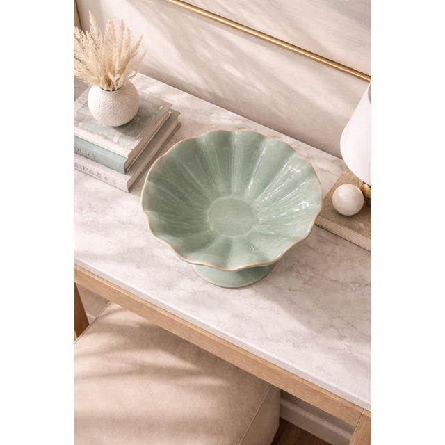 Mid-Century Modern Vintage Mid-Century Celadon Scalloped Pedestal Compote Bowl — Console Centerpiece For Sale - Image 3 of 12